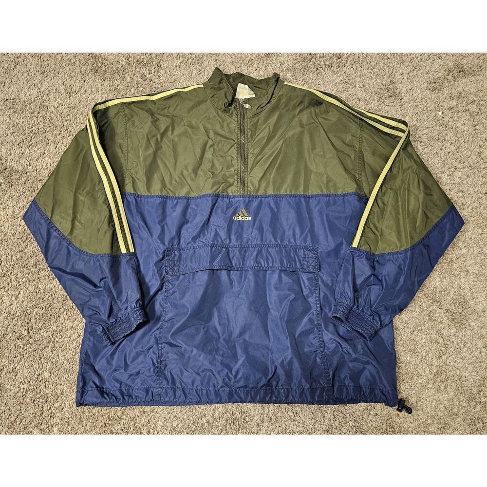 Vintage Adidas Mens 1/4 Zip Windbreaker Green Navy XL Gorpcore Streetwear